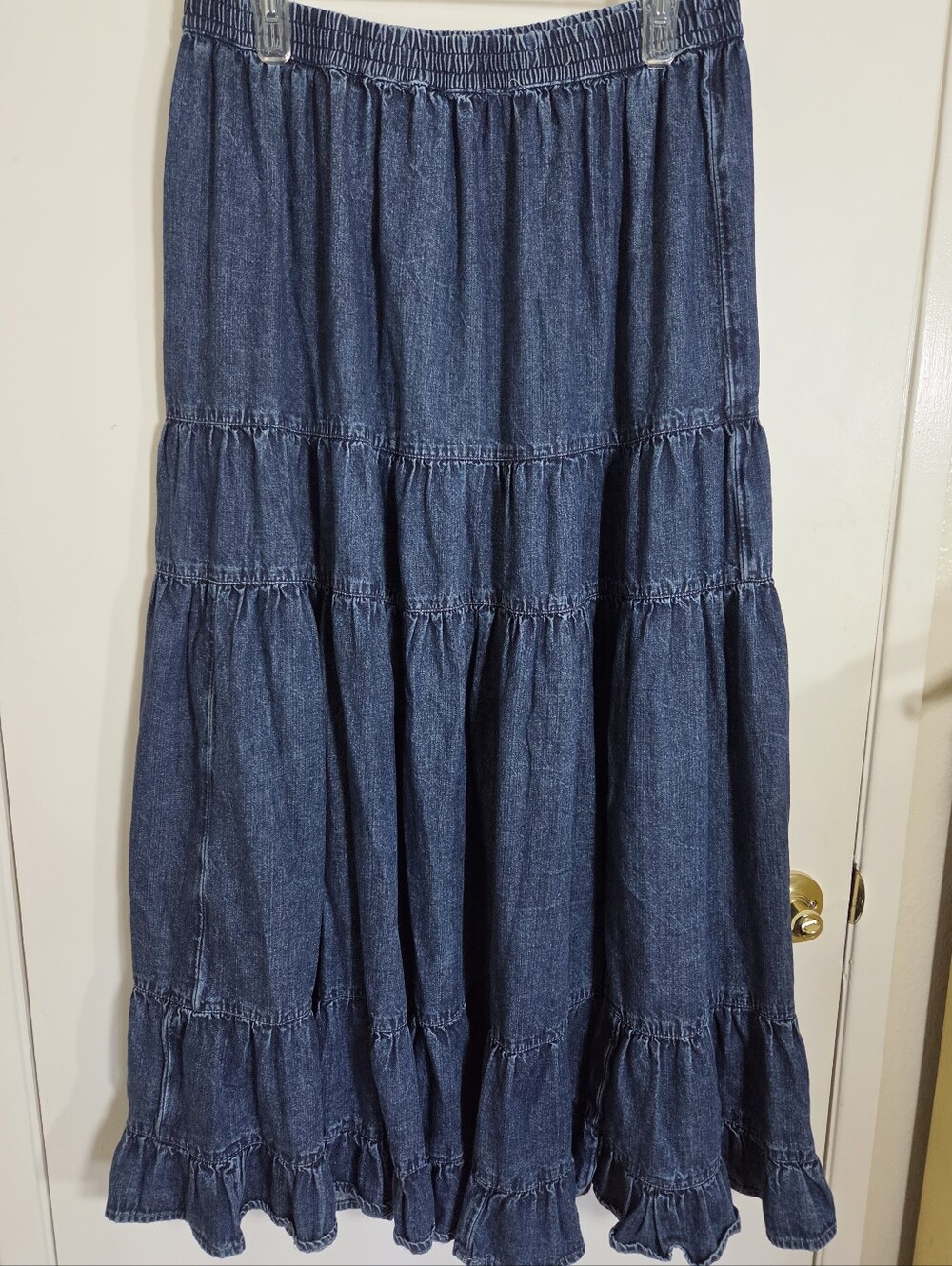 American Eagle Tiered Chambray Maxi Skirt L Western Cowgirl Prairie Granola